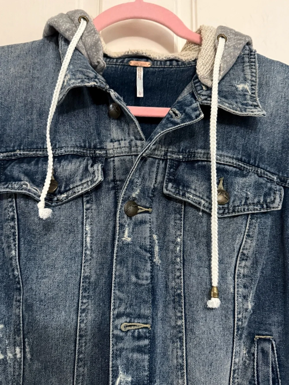 Free People Blue Denim Jacket with Gray Knit Hoodie and Sleeves - Picture 2 of 6